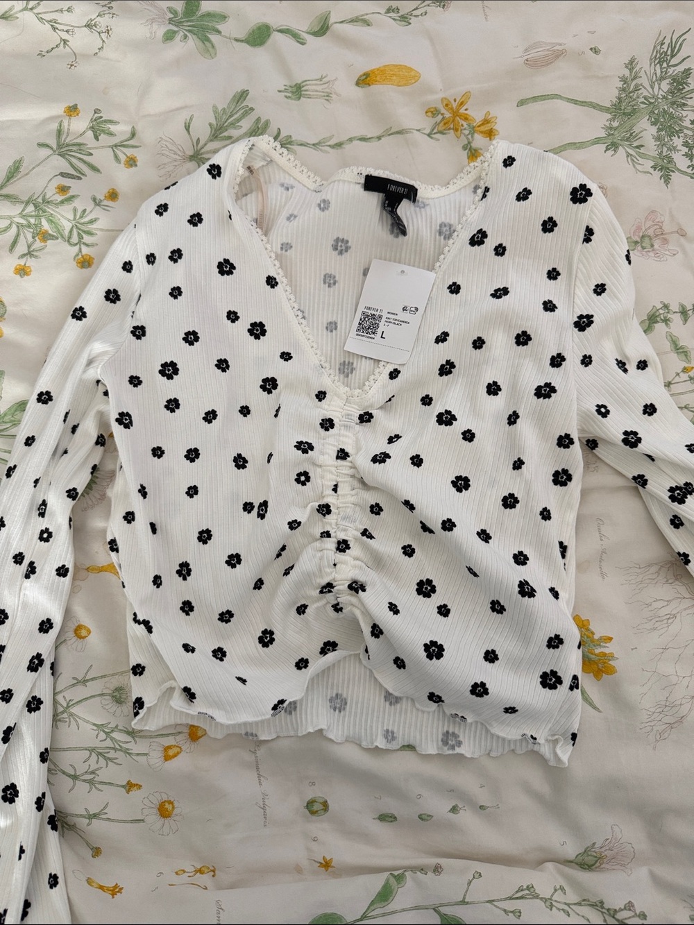 Forever 21 White Ribbed Black Floral Ruched Crop Top